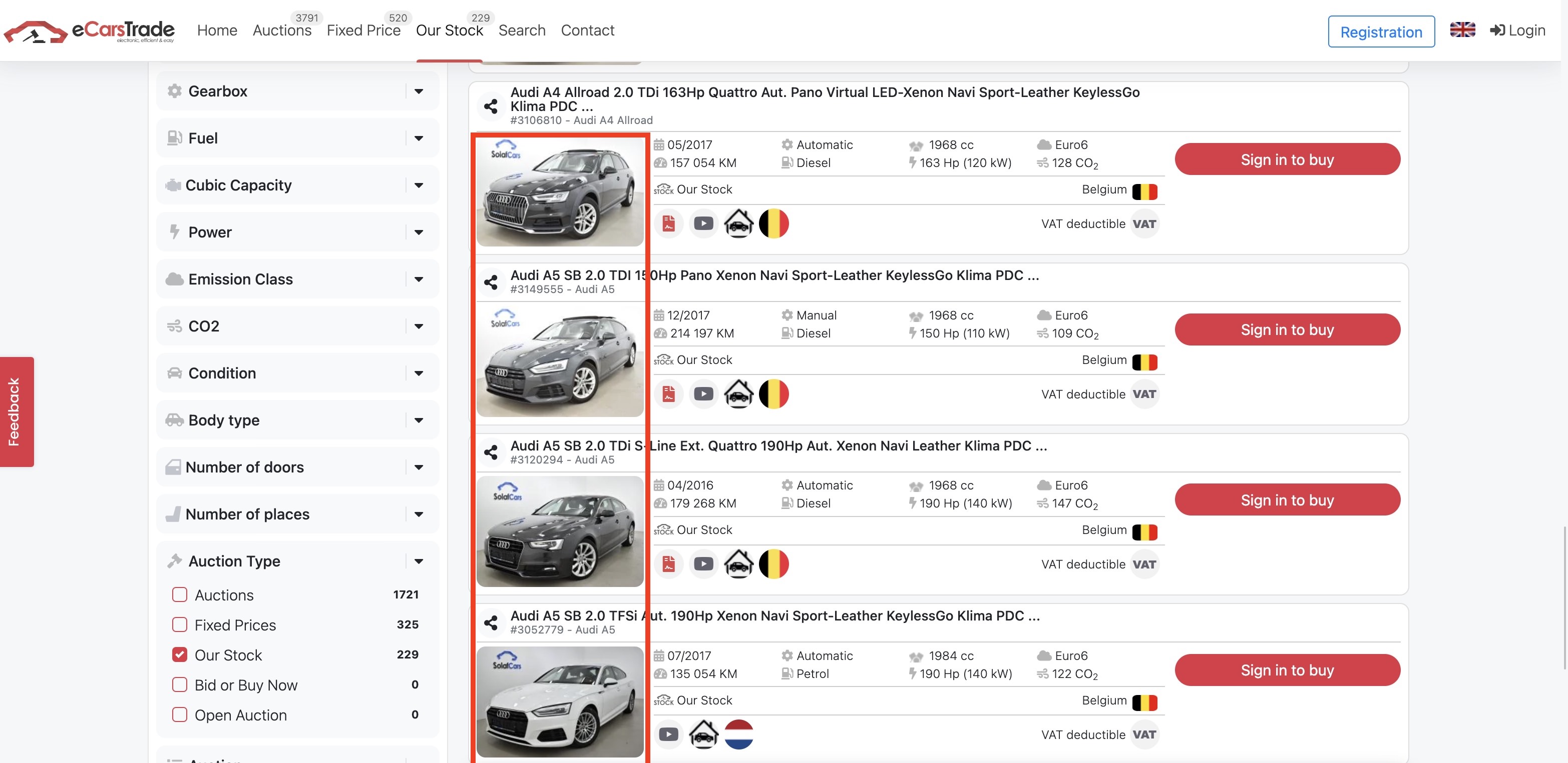 Captura de pantalla de la página web de eCarsTrade mostrando fotos de coches