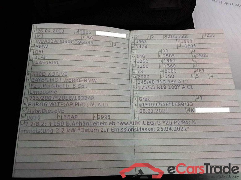 BMW Baureihe 5 Lim. (G30)(02.2017->) DE - Lim4 530 d Mild-Hybrid EU6d, xDrive M Sport (EURO 6d), (Facelift) 2020 - 2023 #5
